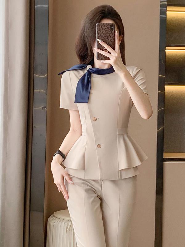 ホテル制服 レディース 杏色 半袖 セット 夏 通勤 OLスタイル 高級感 ポリエステル ショートスカート ストレートパンツ 黒 藍 接触冷感 吸湿速乾 軽量 エレガント 普段使い フロントデスク 受付 ビジネスウェア トップス ボトムス 組み合わせ 女