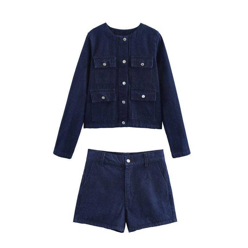 ジャケット ショートパンツ セット レディース ラウンドネック 長袖 短丈 ポケット 切り替え ポリエステル 通勤 カジュアル 快適 都市 上品 春夏 普段使い