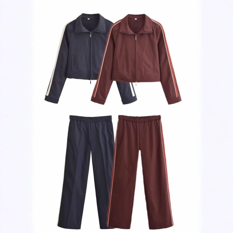 ジャケット パンツ セット レディース サイド ストライプ 長袖 ジッパー 切り替え ストレート ロングパンツ 混紡 ポリエステル 春夏 赤茶 海ブルー カジュアル シンプル