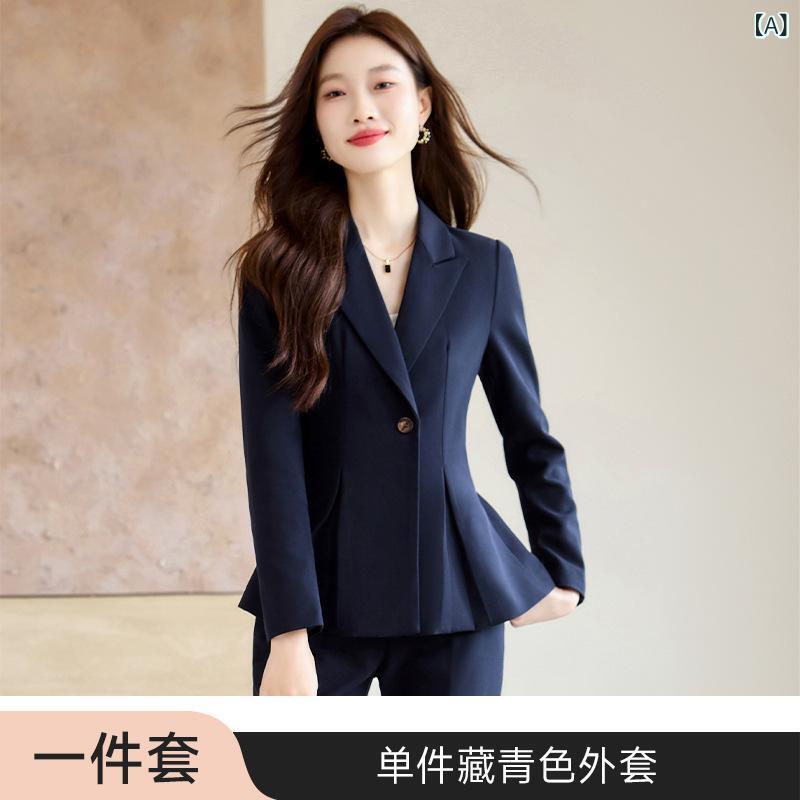 スーツ レディース 長袖 ジャケット ロングパンツ セット ポリエステル 混紡 ネイビー ブラック ブラウン ビジネス 通勤 面接 秋