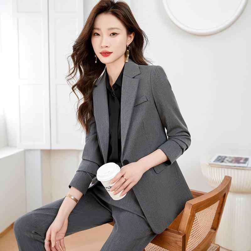 ビジネススーツ レディース 職業 ジャケット パンツ セット 長袖 ロングパンツ 通勤 仕事 フォーマル 高級感 エレガント ポリエステル ブラック ブルー グレー 春秋