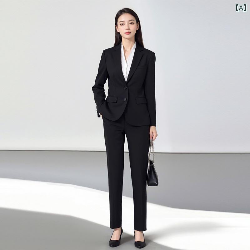 フォーマルスーツ レディース 教師 パンツ セット 保育士 オフィス 通勤 学校 ビジネス 展示会 法律事務所 春 ポリエステル 混紡 伸縮性 長袖 ロング丈 黒 紺 上品