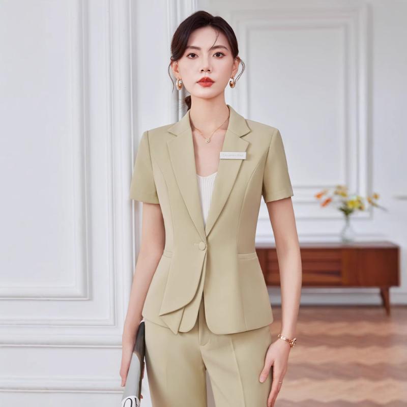 スーツセット レディース 春夏 緑 黒 灰 薄手 3/4袖 通勤 フォーマル ジュエリー店 職場制服 上品 優雅 ポリエステル 伸縮性 軽量 エレガント シンプル スタイル パンツ スカート