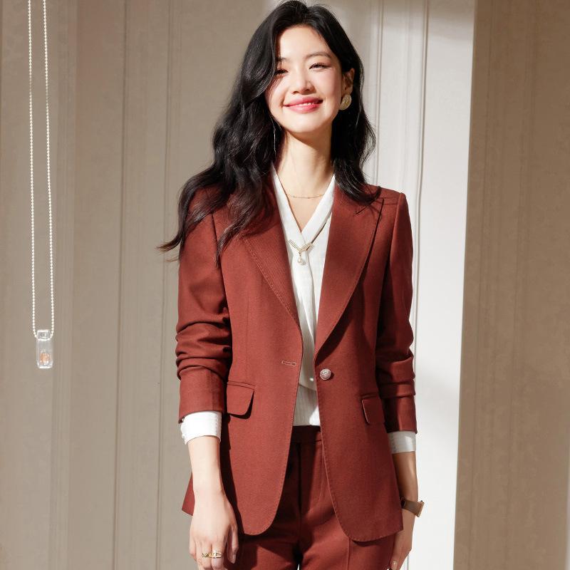 スーツ レディース 秋 ビジネス ジャケット パンツ セット ポリエステル ウール混 ワインレッド 黒 カーキ スリムシルエット エレガント 長袖 ロングパンツ 通勤 オフィス