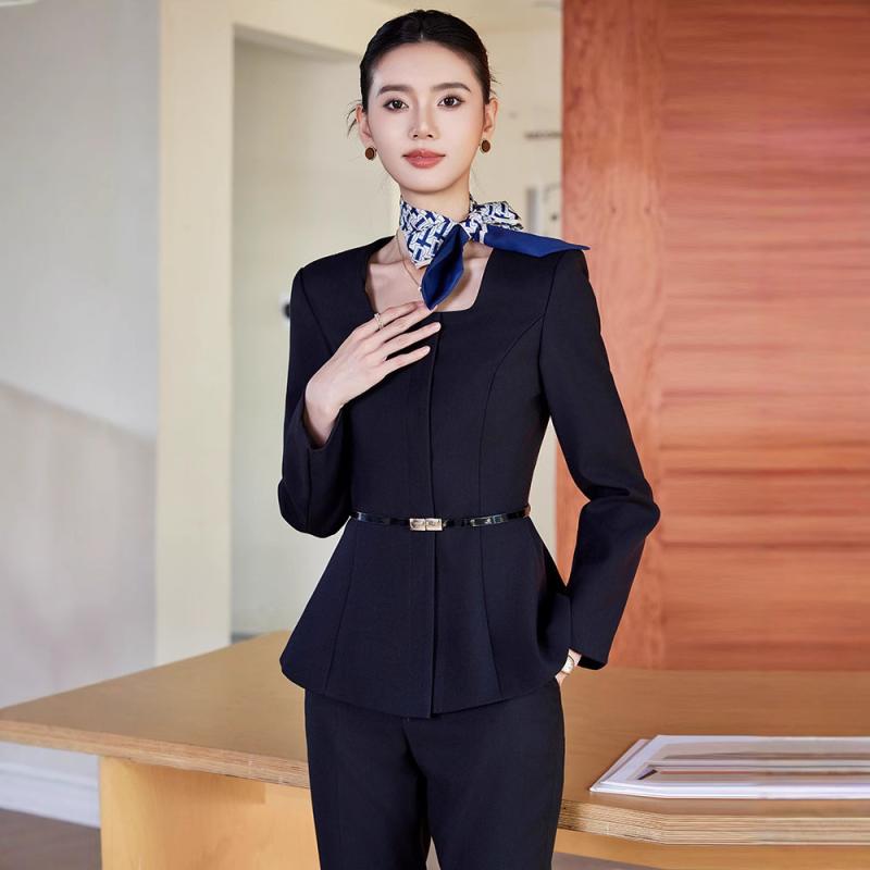 スーツ レディース セット 職業 制服 ヘアサロン ジュエリー店 ホテル 受付 長袖 ロングパンツ ショートスカート ポリエステル レーヨン 混紡 黒 紺 春秋 優雅 エレガント スタイル