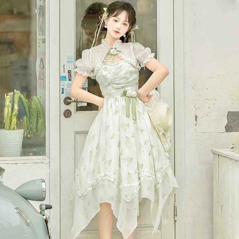 ワンピース レディース ロリータ 半袖 ノーカラー ショール 吊り帯 スカート セット ミドル丈 花柄 プリント ポリエステル 夏 爽やか スイート かわいい おしゃれ ベーシック スタイル