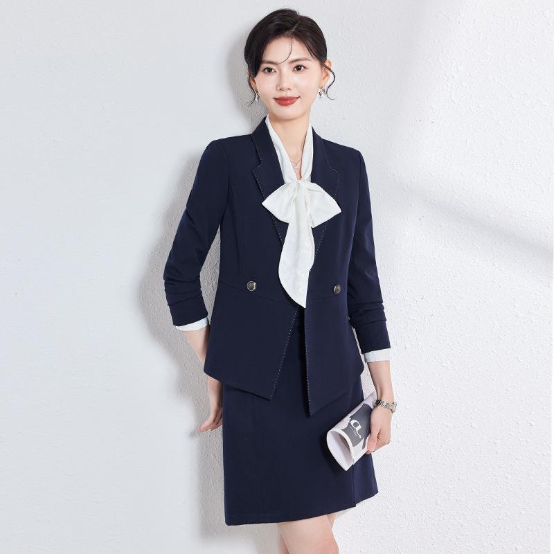 スーツ レディース ジャケット スカート セット 高級感 ビジネス オフィス 通勤 秋 長袖 ネイビー ブラック グレー ポリエステル レーヨン ストレッチ エレガント