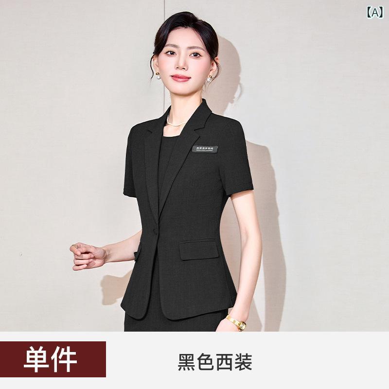 スーツ レディース 半袖 セット 通勤 OL 夏 薄手 ジャケット スカート ポリエステル 伸縮性 エレガント ブラック グレー ブルー ミディ丈 軽量 普段使い 4,759円