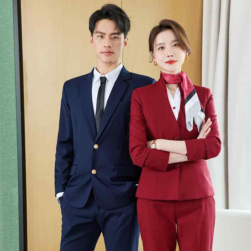 ビジネススーツ メンズ レディース 制服 セット ホテル フロント 接待 中華レストラン 仕事着 ポリエステル レーヨン 混紡 長袖 ロングパンツ 赤 グレー 青 エレガント