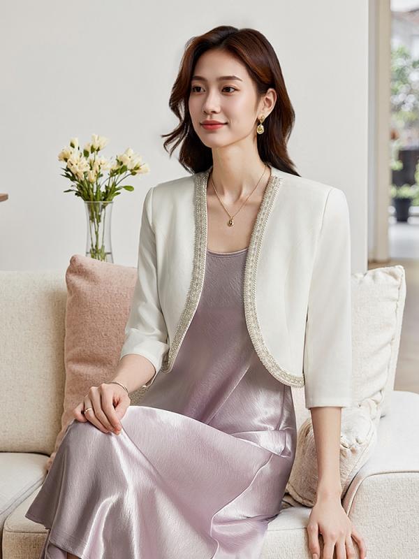 ボレロ レディース 夏 薄手 接触冷感 高級感 レース テーラードカラー 七分袖 ボタン 切り替え ポリエステル スパンデックス ストレッチ 白 黒 通勤 エレガント スタイリッシュ ピュアカラー シングルボタン ショート丈 スリムフィット