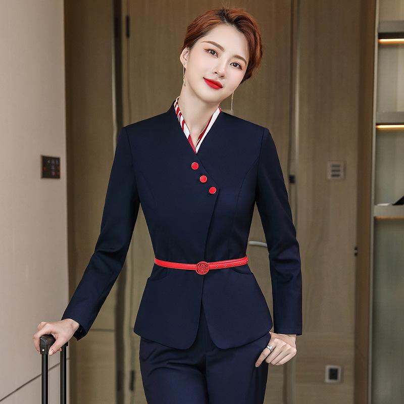 スカートスーツ レディース 秋冬 上品 ビジネス OL 通勤 接客 仕事服 長袖 ジャケット ポリエステル ウエストシェイプ ネイビー グレー