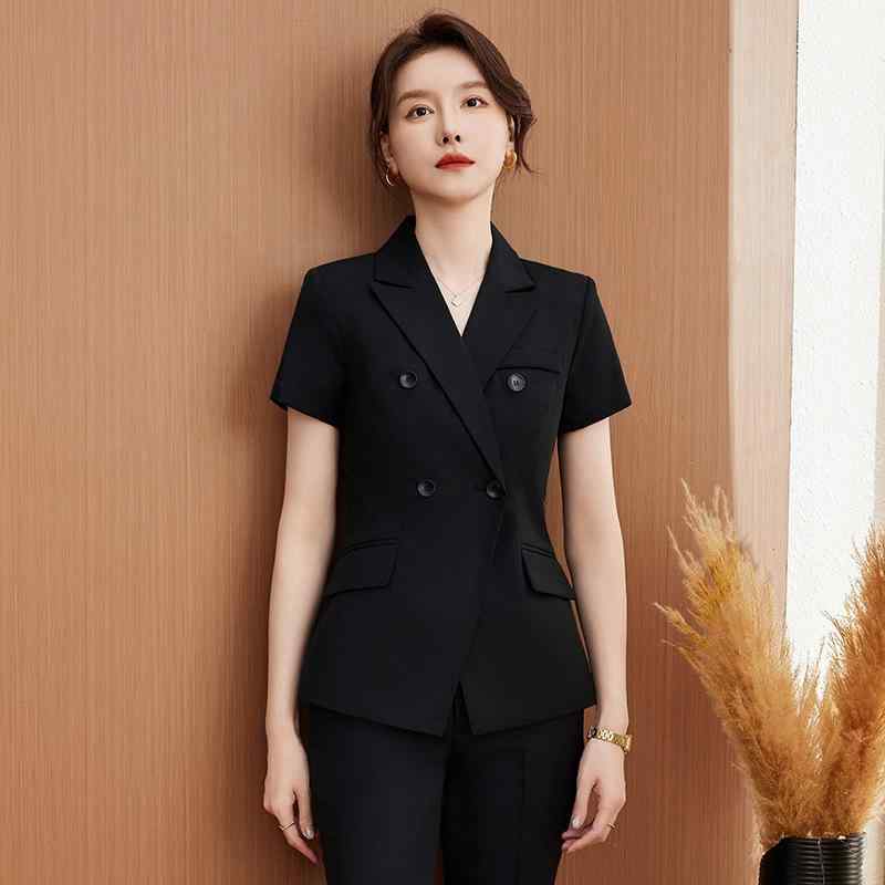 ビジネススーツ レディース 夏 ポリエステル 半袖 ジャケット パンツ スカート セット 優雅 仕事服 ユニフォーム 美容院 宝飾店 ホテル マネージャー 受付 オフィス 黒 ピンク 紺