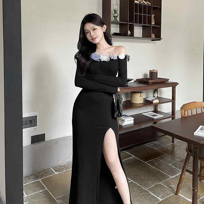 ワンピース レディース フレンチ レトロ セクシー 立体花 オフショルダー ロング丈 ペンシルスカート 長袖 高級感 黒 細見え レーヨン 花柄 エレガント シック 普段使い