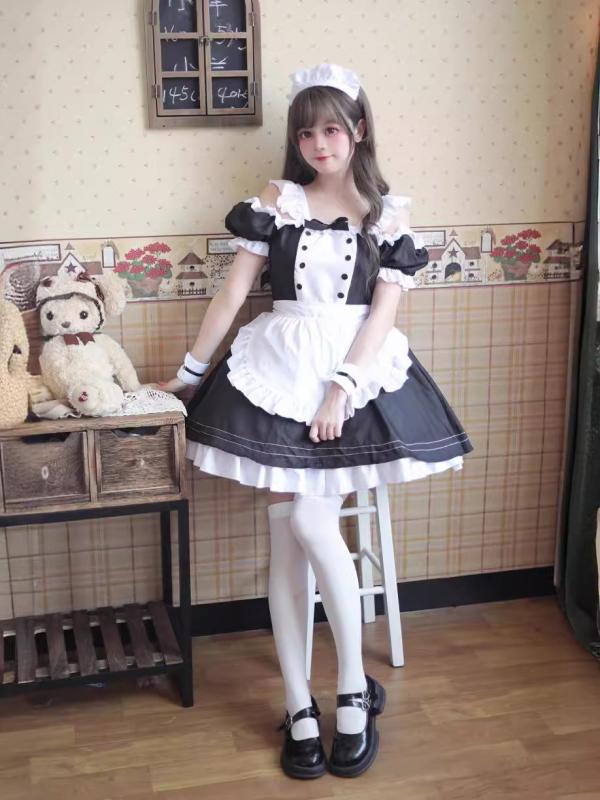 ワンピース レディース ロリータ メイド服 猫モチーフ コスプレ ロールプレイング 夏 黒 ポリエステル かわいい 甘め 二次元 アニメ スタイル