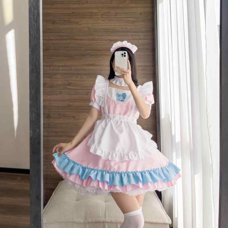 メイド服 メンズ レディース アニメ コスプレ ロールプレイング 衣装 かわいい ポリエステル 混紡 パステルブルー 大きいサイズ 大きめ シルエット