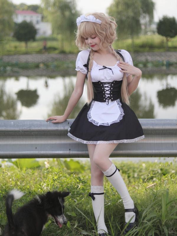 メイド服 レディース 黒 かわいい ロリータ風 セクシー コスプレ セット ポリエステル 夏 アニメ ロールプレイング 甘め スタイル