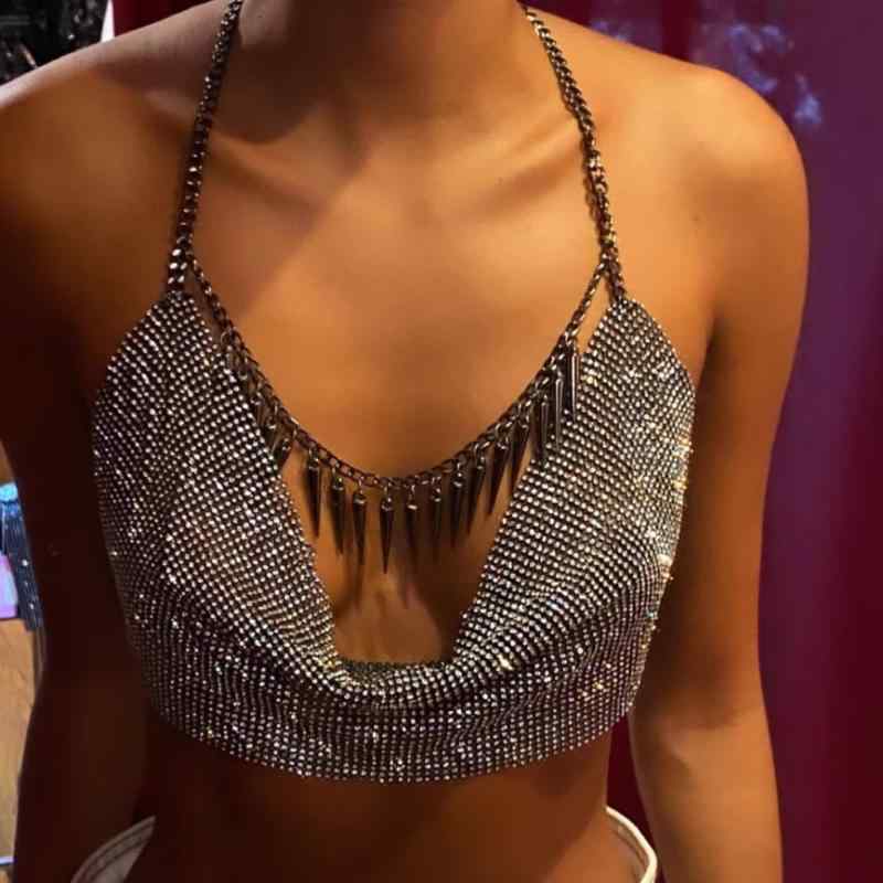 ボディチェーン レディース セクシー フリンジ スパンコール ハリネック クロップド アシンメトリー メッシュ ジルコニア ゴールド ポリエステル 黒 ビーチ ストリート 欧米風