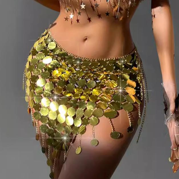 ウエストチェーン レディース アクリル 薄い スパンコール ハンドメイド 切り替え タッセル 複数 金 金属 ボディチェーン ロブスターバックル オールシーズン 普段使い