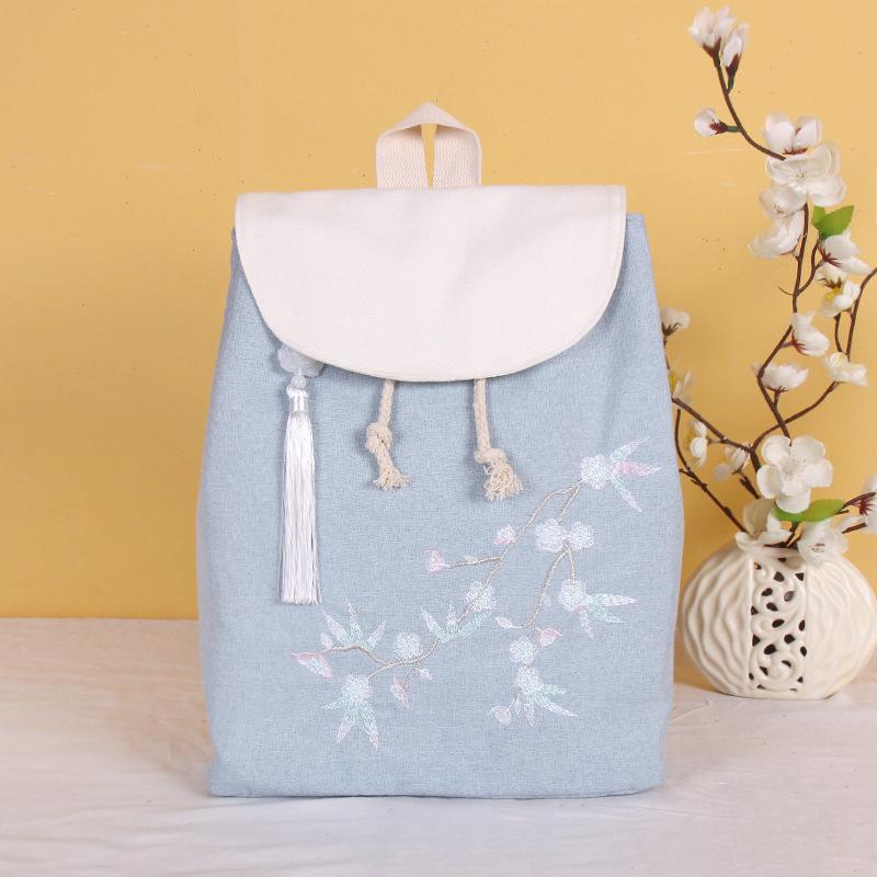 リュックサック メンズ レディース 刺繍 キャンバス レトロ 中国風 民族風 フリンジ 夏 普段使い 花柄 プリント 緑 白 藍 ソフト ドローストリング フラップ 開閉 スマホ ポケット 内蔵