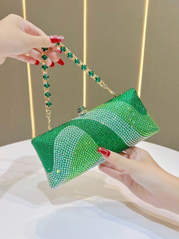 クラッチバッグ レディース ミニ 方形 ラインストーン ロック チェーン ポリエステル 中硬 普段使い パーティー ウェディング イブニング 夏 緑 黒 金