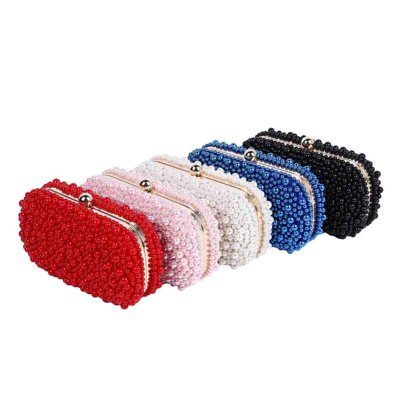 クラッチバッグ パール刺繍 イブニング フォーマル 手持ち 小型 四角型 横型 ロック開閉 スタッド装飾 硬め ポリエステル素材 都市シンプルスタイル 普段使い 夏 赤 ピンク 白