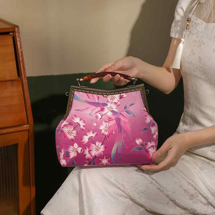 ハンドバッグ レディース ミニ スクエア フラワープリント チェーンショルダー ロック ローズピンク ポリエステル 夏 普段使い 横型 セミハード カードポケット オープンポケット ダブルストラップ