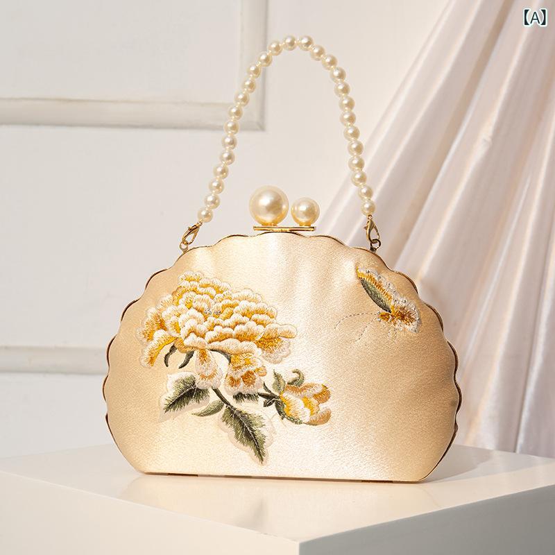 クラッチバッグ レディース 刺繍 花柄 貝殻型 パール 装飾 小方 硬質 立体 国風 古風 高級感 ポリエステル 合成繊維 普段使い フォーマル イベント シャンパン 黒 夏