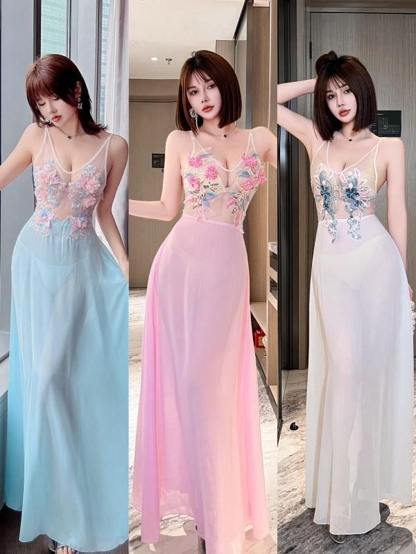 ワンピース レディース セクシー 透け感 吊り帯 シフォン ロング Aライン Vネック ノースリーブ ハイウエスト スリム 胸元開き 夏 白 ピンク ライトブルー 切り替え エレガント 軽やか