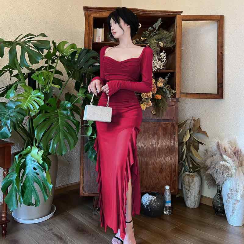 ワンピース レディース セクシー レース フリル 長袖 スクエアネック ロング ペンシル ハイウエスト スリット 夏 黒 赤 紫 伸縮性 ポリエステル 無地 切り替え 普段使い