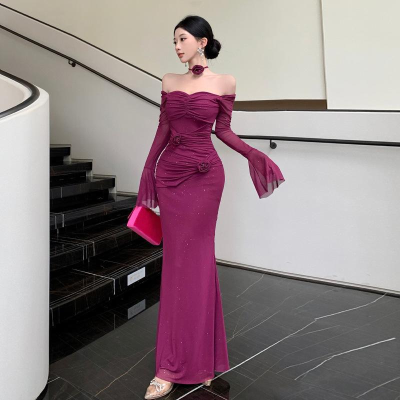 ワンピース レディース セクシー プリーツ フィッシュテール ロング ハイウエスト ボートネック ロングスリーブ 切り替え ポリエステル 伸縮性 高級感 秋 紫 黒 普段使い