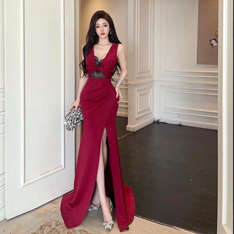 ワンピース レディース セクシー レース 透け スリムフィット ヒップハグ スリット ロング フィッシュテール Vネック ノースリーブ ハイウエスト 切り替え 伸縮性 ポリエステル 無地 夏 黒 赤 普段使い