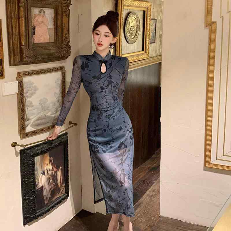 ドレス ワンピース レディース 花柄 レース 切り替え スリム ロング ペンシル スタンドカラー ロングスリーブ ハイウエスト サイドスリット ポリエステル ブルー 秋 キャバ エレガント セクシー