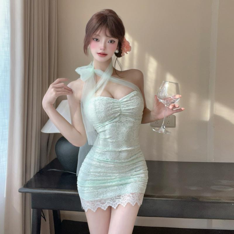 ワンピース レディース エレガント セクシー 無地 メッシュ 切り替え レース ペンシル ミニ 紐 バックレス ノースリーブ ハイウエスト オフショルダー 夏 通気性 ポリエステル 白 黒 ピンク