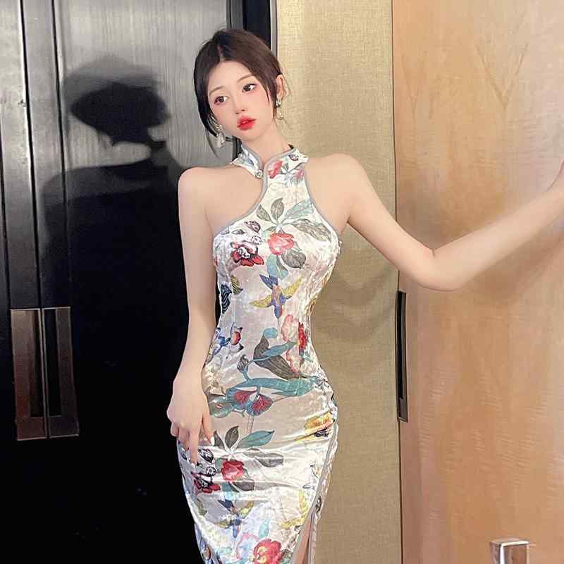 ドレス チャイナ レディース ロング丈 ノースリーブ 花柄 キャバ ワンピース ベルベット プリント スリム フィット エレガント スタイル オフィス 普段使い かわいい