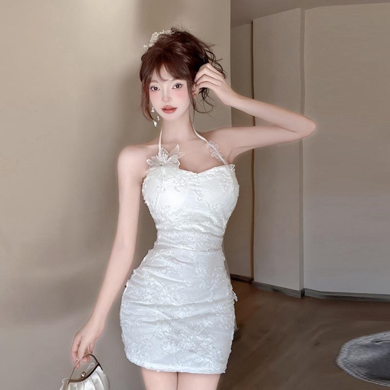 ワンピース レディース セクシー レース ハルターネック ボディフィット ミニ ハイウエスト 切り替え ノースリーブ 夏 白 黒 ポリエステル 軽量 伸縮性 吸湿速乾