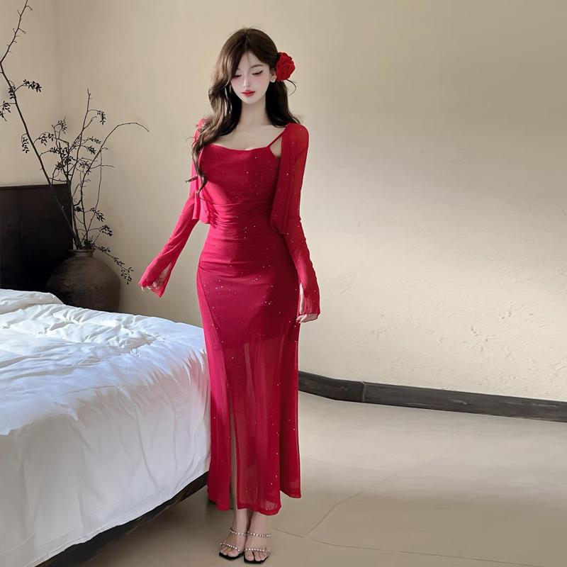 ワンピース レディース ロング丈 メッシュ ストラップ ノースリーブ ボートネック ハイウエスト タイトスカート 切り替え セクシー 夏 ポリエステル 無地 黒 赤 紫 カーディガン セット