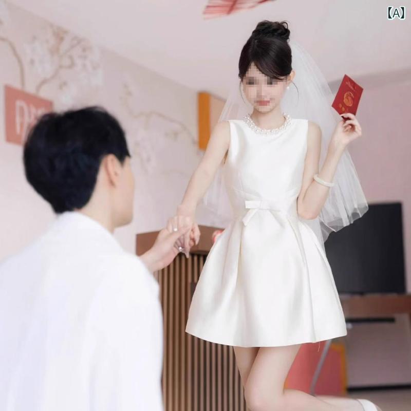 ワンピース レディース 夏 ノースリーブ 白 黒 短め ハイウエスト Uネック 蝶結び 新婦 婚約 結婚式 ポリエステル ギャザー エレガント スリムフィット