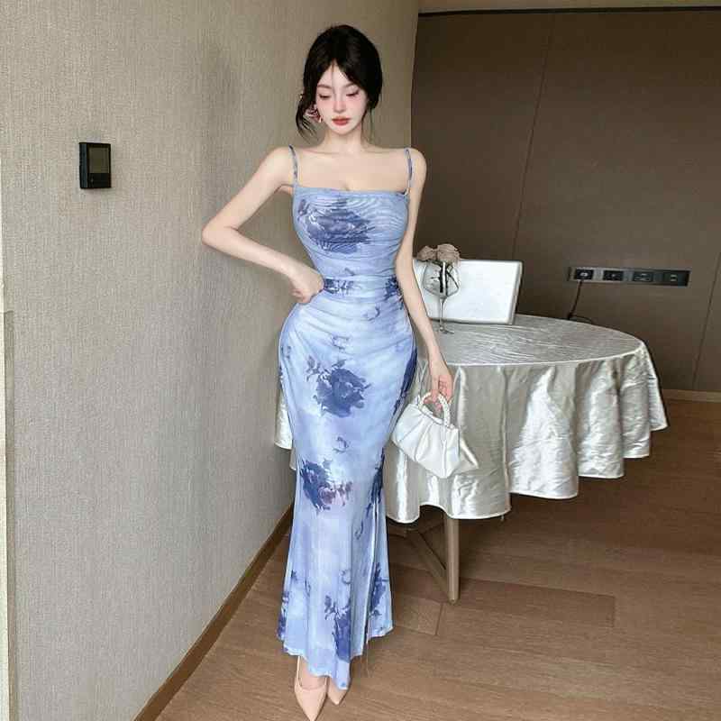 ワンピース レディース セクシー メッシュ プリント ロング マーメイド オフショルダー ストラップ ノースリーブ ハイウエスト バックレス 夏 ポリエステル 切り替え ブルーグレー ブラック ピンク