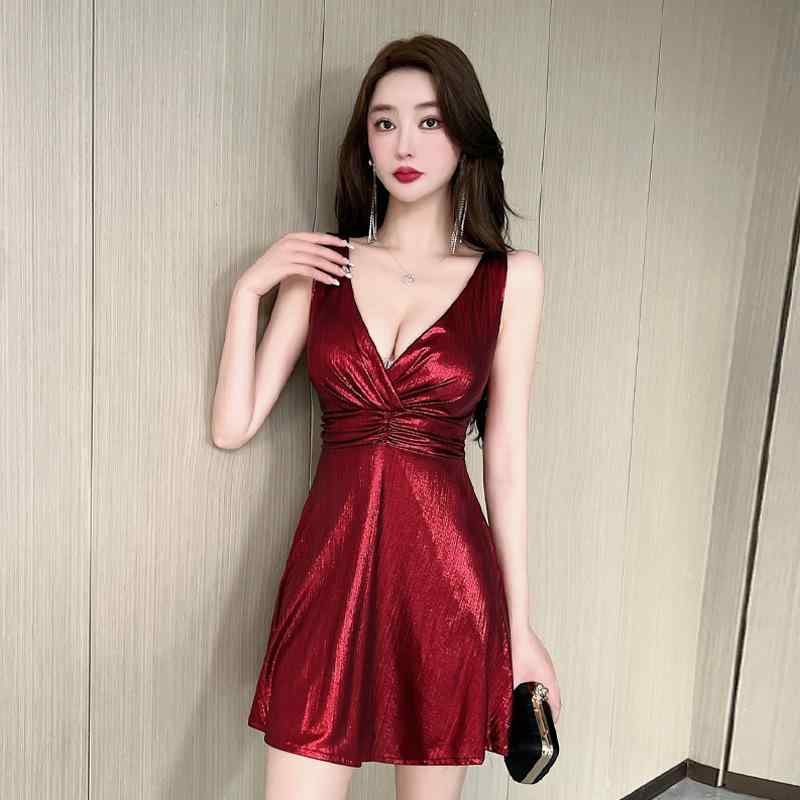 ワンピース レディース セクシー バックレス ノースリーブ Vネック ハイウエスト Aライン ミニ フレア ストラップ 光沢 ポリエステル 夏 赤 緑 切り替え