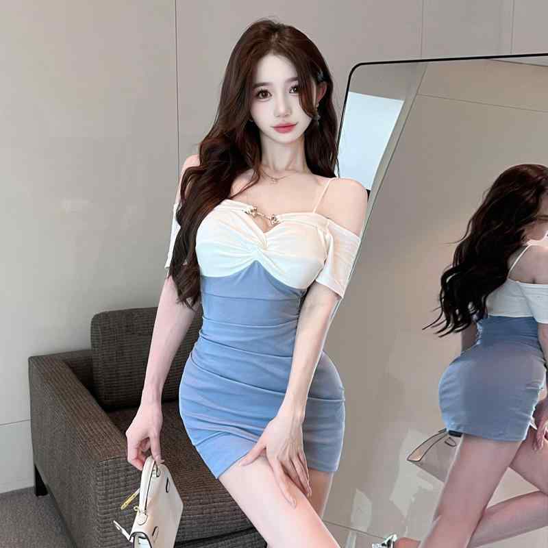 ワンピース レディース セクシー 切り替え 吊紐 オフショルダー 半袖 ヒップハグ ミニスカート バックレス ローライウエスト 夏用 ポリエステル ブルー ピンク ブラック
