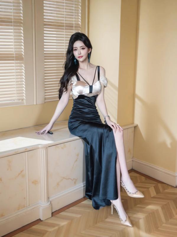 ロングドレス レディース 深Vネック ノースリーブ スリット ウエストシェイプ スリム フィット 高級感 セクシー コントラストカラー ポリエステル ストレッチ 夏 パーティー 成人式 ピンク 杏
