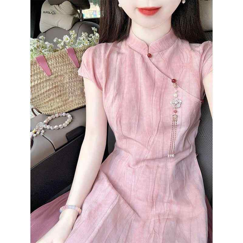 チャイナドレス レディース 夏 セット 普段使い 私服 お嬢様風 エレガント 中国風 レトロ ミドル丈 ノースリーブ ポロ襟 サイドスリット ワイドパンツ 伸縮性 チェニール