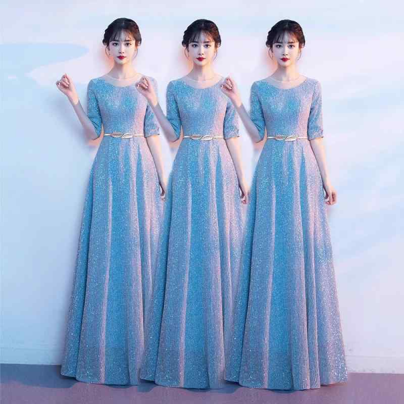 イブニングドレス レディース 中高年 高級感 長袖 ロング ポリエステル スカイブルー パープル 夏 ミッドウエスト スリム 3D模様 ステージ 合唱 パフォーマンス 結婚式 宴会