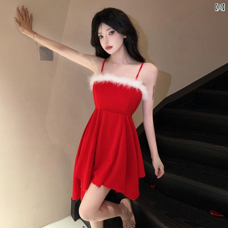 ドレス ワンピース レディース セクシー 切り替え アシメトリー クリスマス フレア Aライン ミディ丈 ノースリーブ ボートネック ローライウエスト バックオープン キャバ ポリエステル 赤 黒 白 秋