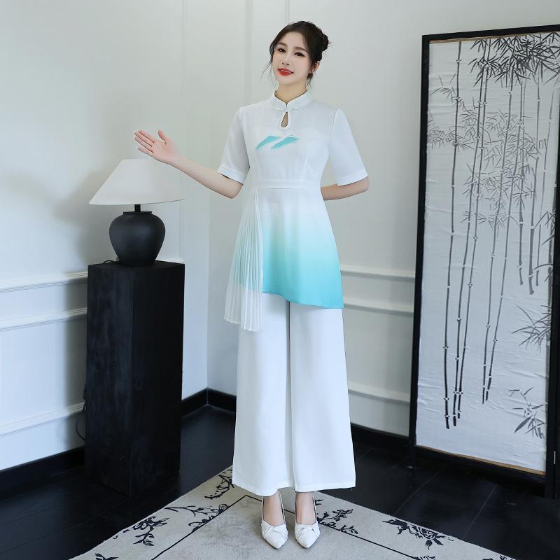 エステ ユニフォーム 服 レディース 半袖 スタンドカラー ロングパンツ 上品 エレガント セット 吸湿速乾 シフォン生地 ポリル アセテート 緑 青 オールシーズン SPA ホテル