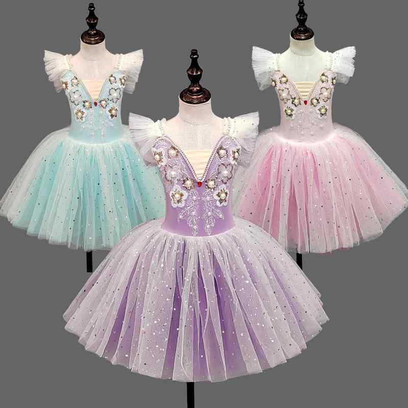 チュチュ スカート 女の子 バレエ ダンス フレア ポンパドール ボリューム チュール ふわふわ 伸縮性 ピンク ラベンダー 水色 春 発表会 レッスン ステージ かわいい 衣装