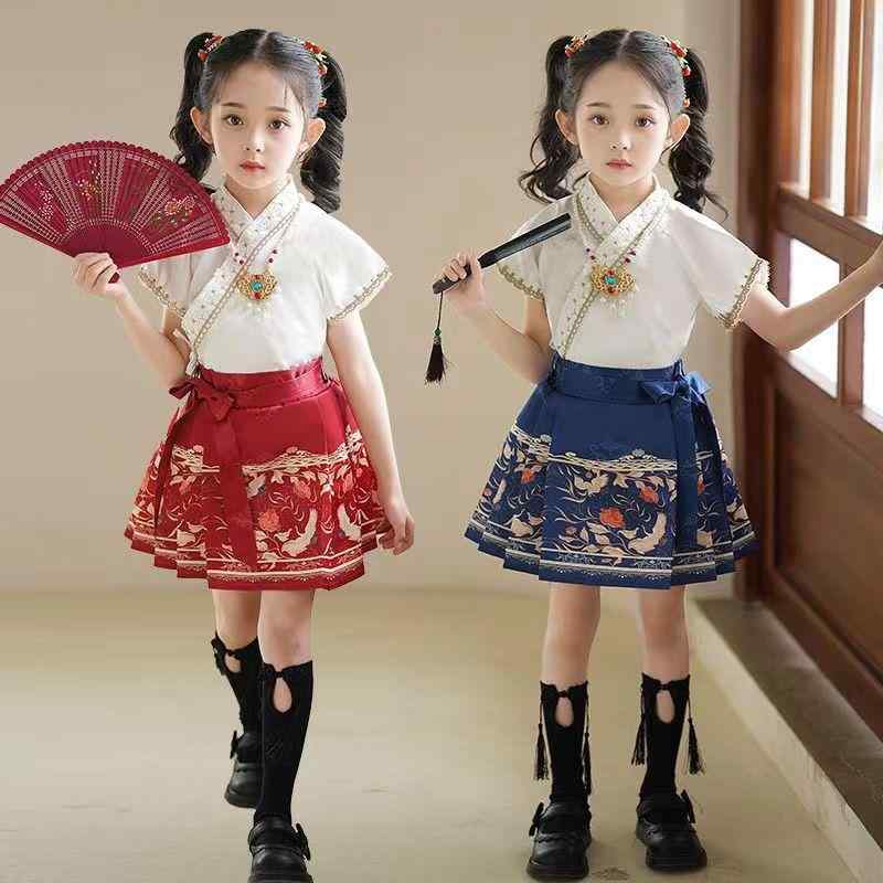子供ダンス服 男の子 女の子 夏 漢服 馬面スカート 半袖 トップス スカート セット 綿混紡 プリーツ 起毛 スポーツ 赤 青 かわいい の商品写真