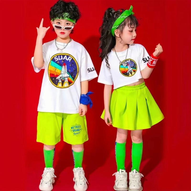 ダンス衣装 男の子 女の子 チアダンス セット 小学生 ストリートダンス ヒップホップ 練習 夏 コットン混紡 プリーツ 起毛 スポーツ トレンド 紅 橙 青緑