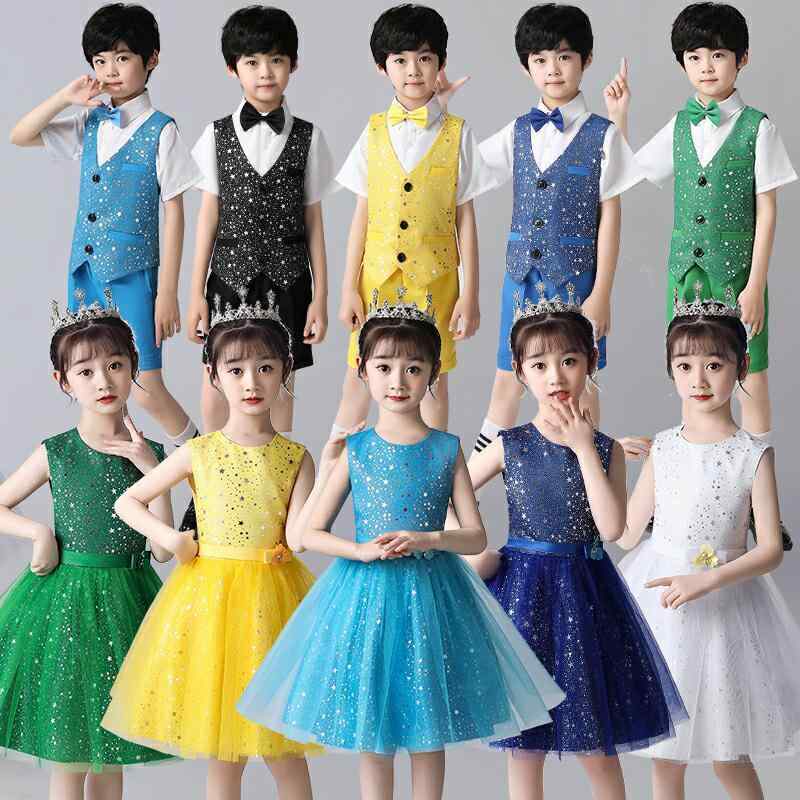 キッズ ダンス衣装 男の子 女の子 合唱 朗読 司会 プリンセス セット チュールドレス かわいい レース リボン プリーツ オールシーズン ライトブルー ロイヤルブルー グリーン
