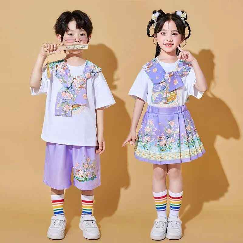 キッズ パフォーマンス ダンス衣装 男の子 女の子 小学生 学校行事 夏 中国風 漢服 セット 半袖 トップス ショーツ 馬面 スカート 綿 混紡 プリーツ 柔らか スポーツ トレンド かわいい おしゃれ